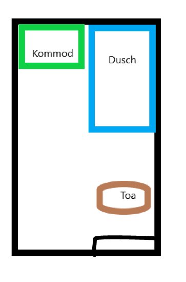 Ritning av badrumsplanering med tydligt markerade platser för kommod, dusch och toalett.