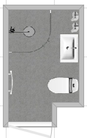 Planritning av ett badrum med duschhörna, toalett och handfat sett uppifrån.