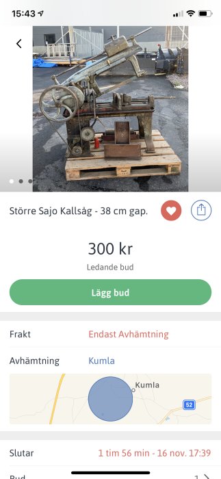 Äldre Sajo kallcirkelsåg på pall med 38 cm gap, till salu för 300 SEK, fotograferad utomhus.