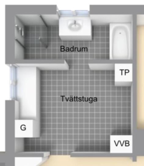 3D-modell av ett badrum och intilliggande tvättstuga, med markerade platser för dusch, badkar och tvättställ.