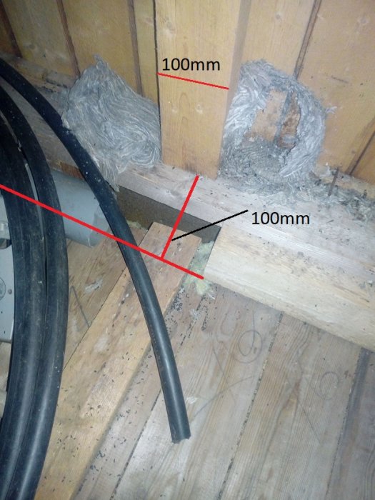 Glapp mellan golv och vägg med synlig isolering, träreglar, och märkta mått.