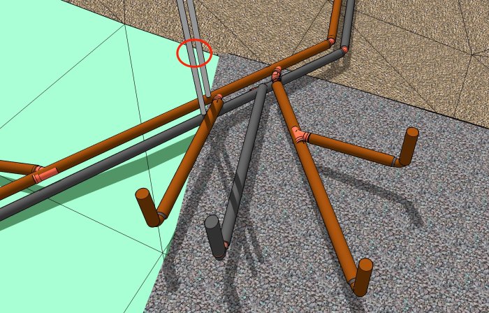 3D-modell av rörsystem för WC och BDT med möjlig gemensam avluftning markerad med cirkel.