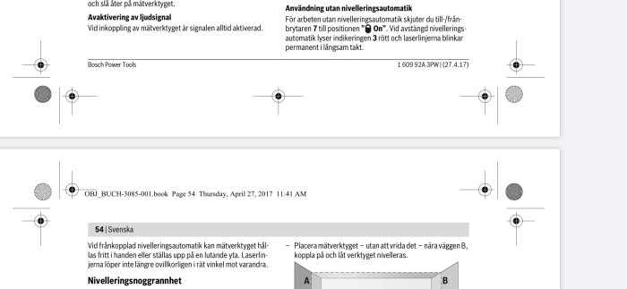 Utdrag från manual som visar sidan 53 och 54 om användning av GLL 3-80 med symbolförklaringar.