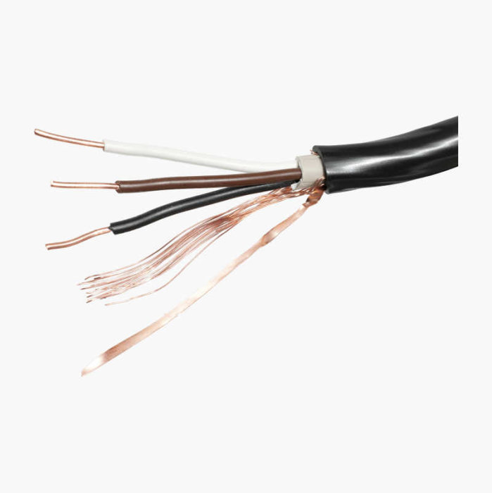 Elektrisk kabel med fyra ledare; tre isolerade i vitt, brunt och svart, plus en oskyddad skärmledare.