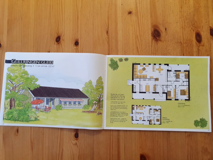 Öppnad huskatalog visar en illustration och planritning av enplanshuset Gullringen, 5 rum och kök, 122 kvm.