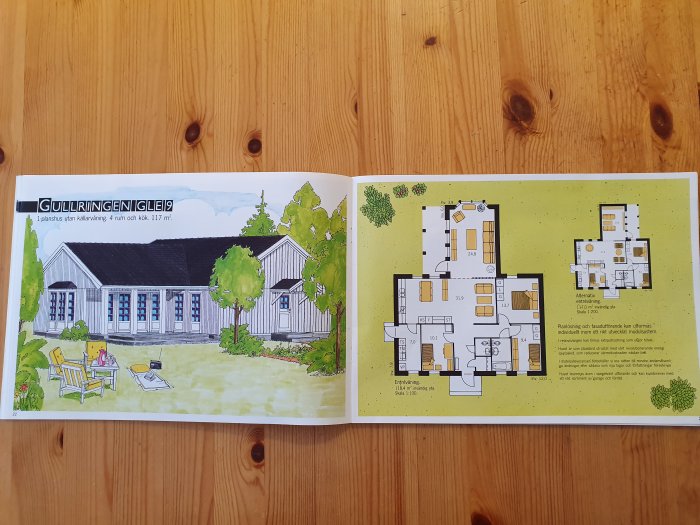 Huskatalog uppslag med illustration av enplanshuset 'Gullringen Ginglei9' och dess planlösning.