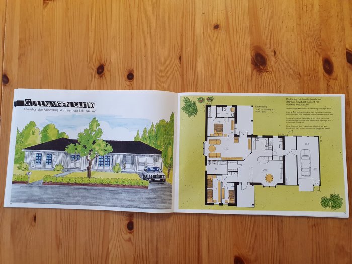 Öppnad huskatalog visar illustration och planritning av enplanshuset Gullringen, 146 kvadratmeter med fem rum och kök.