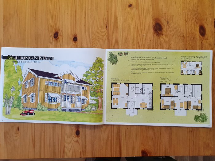 Husritning i katalog öppnad på sida med illustration av gult hus och tillhörande planlösningar.
