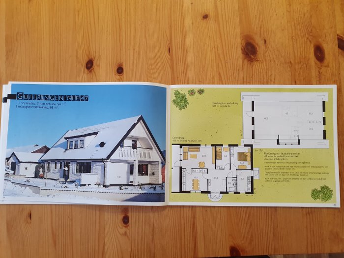 Öppen huskatalog som visar ett vitt 1 1/2-planshus med ritningar och planlösning för "GULLRINGEN GLE 47".