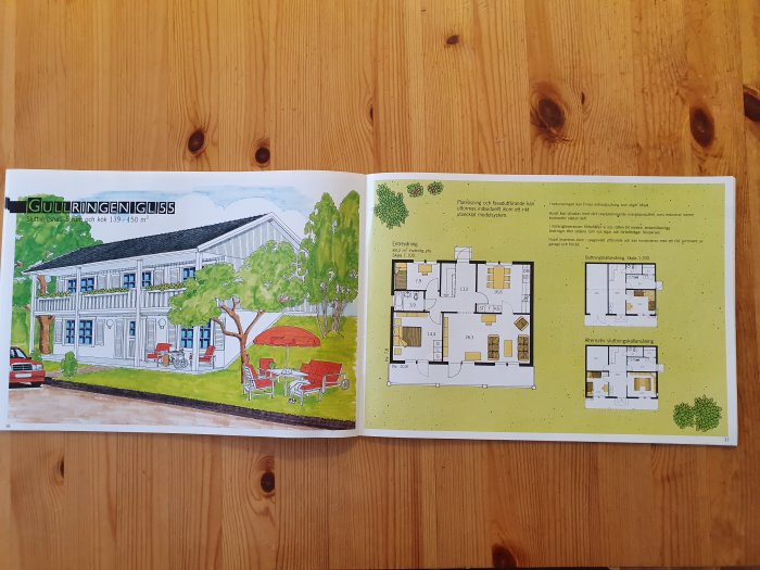 Huskatalog öppen på sida med illustrationer av husmodellen Gullringen och dess planritningar.