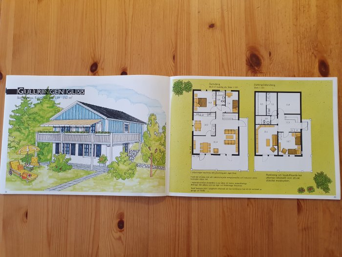 Öppen huskatalog med illustration av ett tvåvåningshus och dess planritningar på varje våning.
