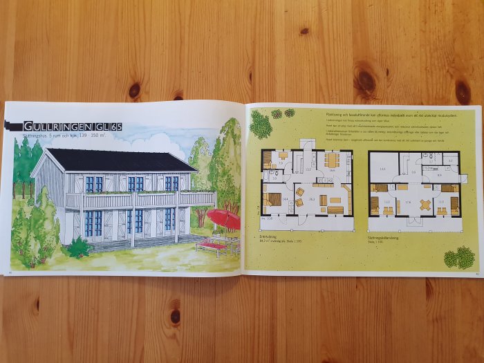 Öppen katalog med illustration av tvåvåningshusets fasad och ritning av bottenvåningen med rumsuppdelning, benämnt "Gullringen GIL615".