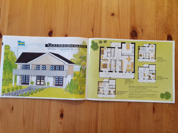 Öppnad katalog med ritning och illustration av ett tvåvåningshus, inklusive planlösningar för varje våning.