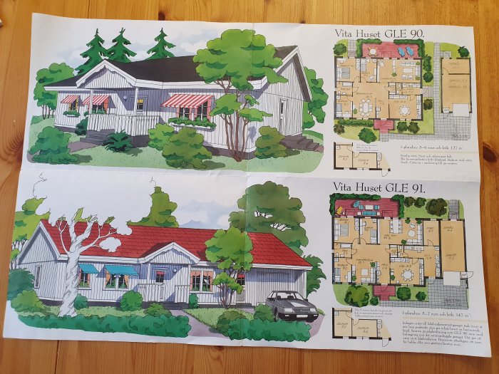 Illustration av katalognummer "Vita Huset GLE 90 och 91" med planskisser och fasadvyer av två bostadshus.