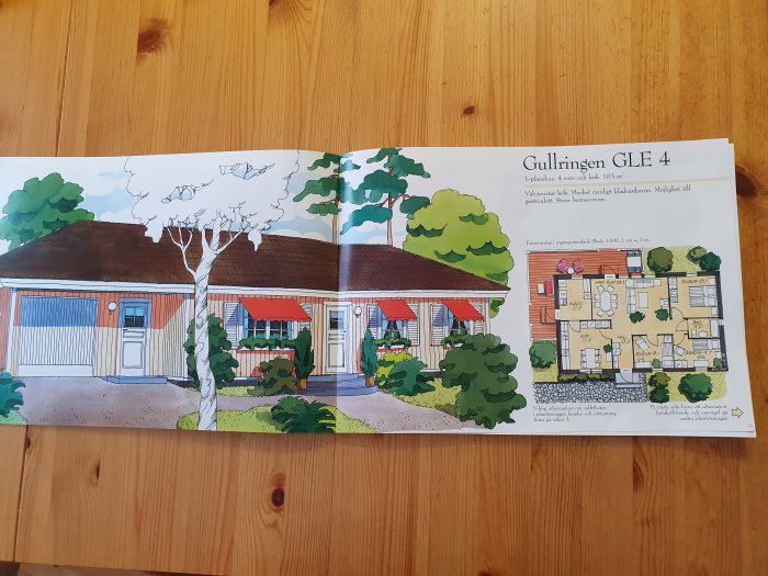 Broschyr uppslagen på ett bord som visar ritning och illustration av enfamiljshus, Gullringen GLE 4, med planlösning och fasad.