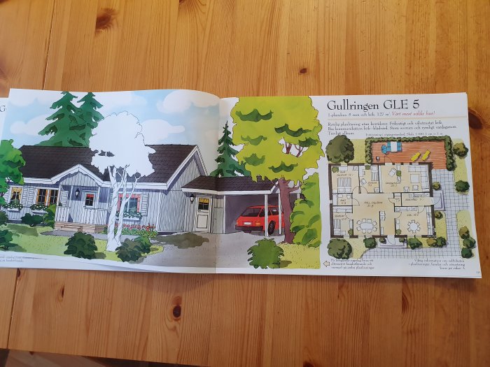 Öppnad katalog visar illustration av enplanshuset Gullringen GLE 5 samt planritning med rumslayout.