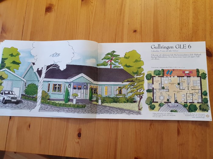 Öppnad katalogvisning av husmodellen "Gullringen GLE 6" med illustration av enplanshuset och dess planritning.