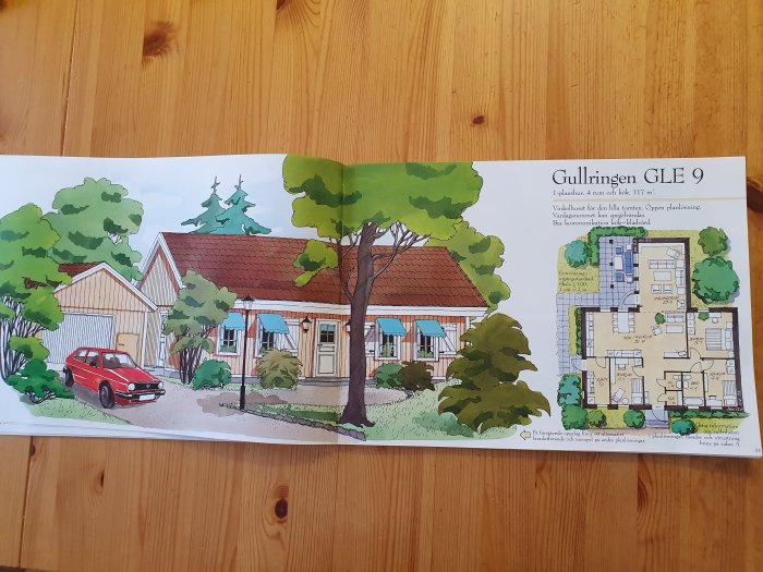 Illustration av husmodellen Gullringen GLE 9 med ritning och tecknad exteriör med ett rött fordon.