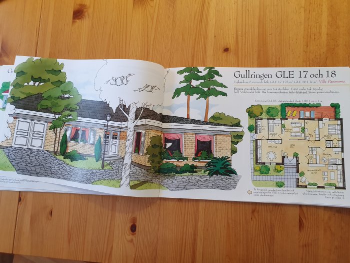 Illustration av ett enplanshus och planritning för Gullringen GLE 17 och 18 öppnad i en katalog på ett träbord.