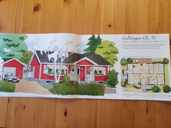 Öppen katalog visar illustration av rött hus med vita knutar och planritning märkt "Gullringen GL 21".