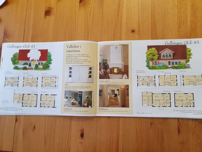 Öppet kataloguppslag med ritningar och bilder av byggnadsmodeller Gullringen GLE 42 och 43, inkluderar interiörfoton och planlösningar.