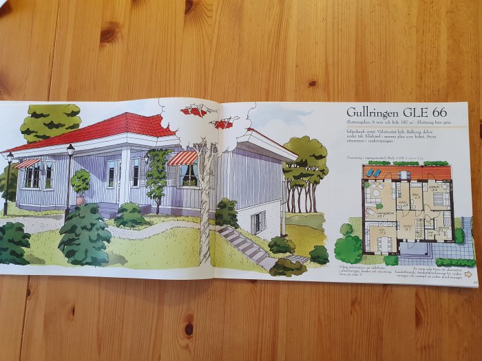 Öppen katalog visar illustration av ett enplanshus, Gullringen GLE 66, bredvid planritningar och husbeskrivning.