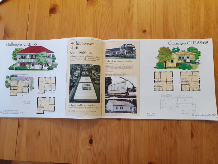 Öppen katalog som visar husmodeller 'Gullringen GLE 66' och 'Gullringen GLE 58/68' med illustrationer och planritningar.