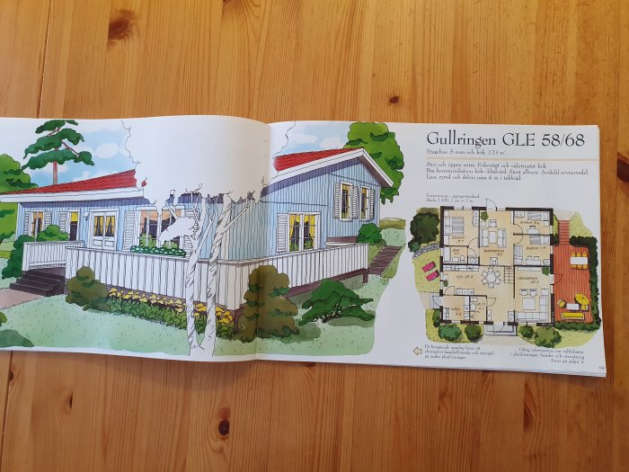 Öppen katalog som visar illustration och planritning av det rymliga enplanshuset Gullringen GLE 58/68 med beskrivning.