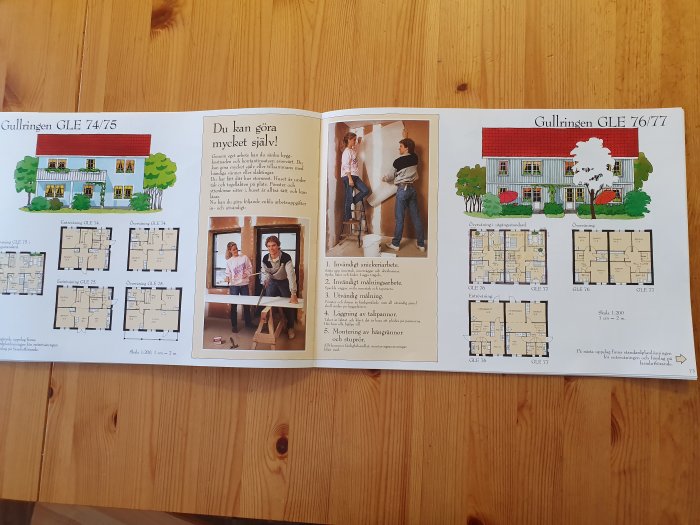 Öppen katalogsida som visar ritningar och illustrationer av husmodeller Gullringen GLE 74/75 och GLE 76/77 med tillhörande planlösningar.