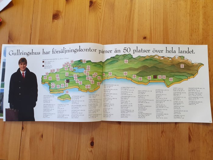 Upplagd karta över Sverige som visar Gullringhus kontors placeringar med numrerade markörer och en lista med kontorsadresser.