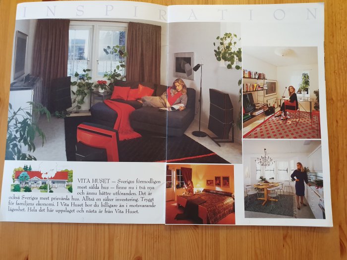 Öppen inspirationskatalog med bilder av olika vardagsrum och en kvinna som poserar.