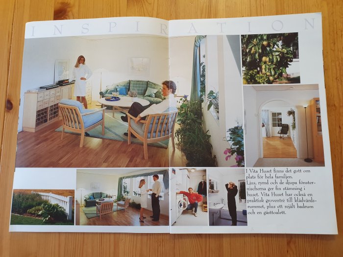 Sida ur inspirationskatalog med bilder av vardagsrum, trädgård och hall i hemmiljö.