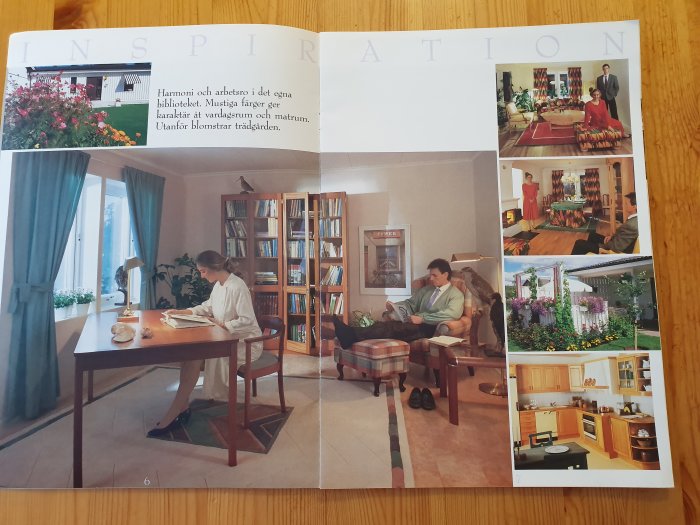 Öppen inspirationskatalog med fyra olika bilder på inredningsmiljöer, inklusive ett bibliotek, vardagsrum, trädgård och kök.
