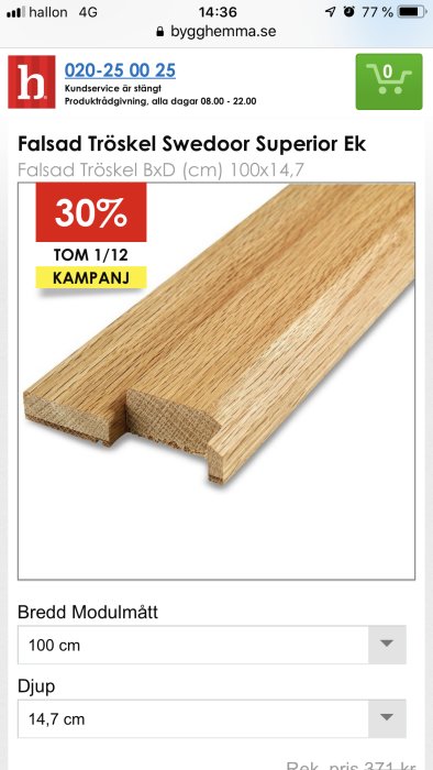 Ekfärgad fönad tröskel med måtten 100x14,7 cm från Swedoor på rea.