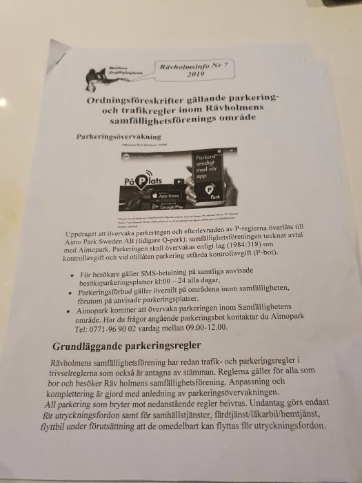 Dokument med rubriken "Rävholmsinfo Nr 7 2019" om ordningsföreskrifter för parkering och trafikregler.