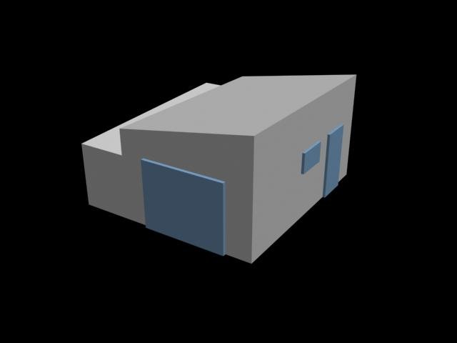 3D-modell av ett enkelt garage med framträdande dubbeldörr och en angränsande byggnadsdel.
