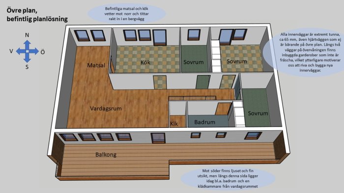 3D-skiss av befintlig planlösning i ett hus, med vardagsrum, balkong, sovrum, kök och matplats.