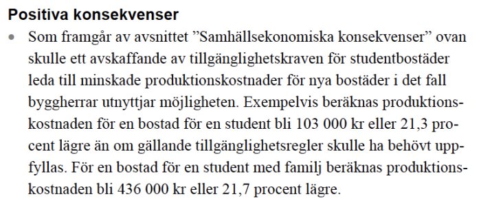 Skärmdump av text som beskriver positiva konsekvenser av minskade byggkostnader för studentbostäder.