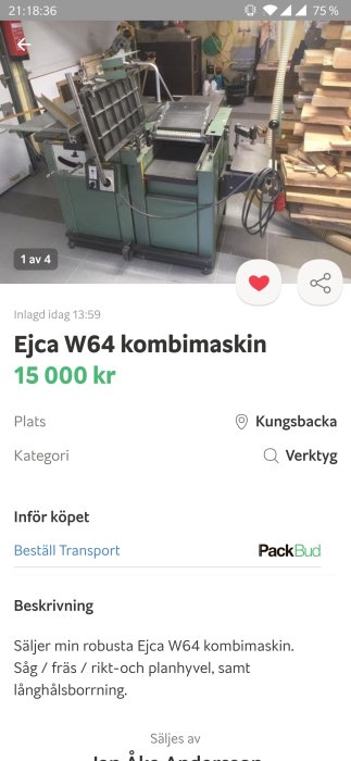 Ejca W64 kombimaskin för träbearbetning i verkstadsmiljö, annons från Blocket.