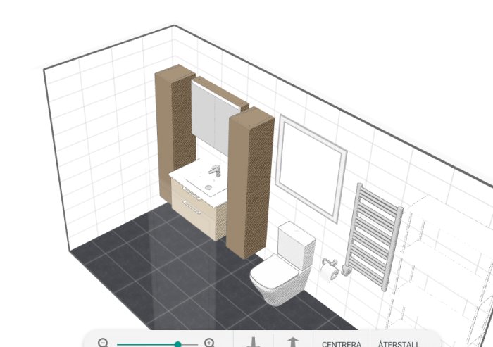 3D-skiss av ett badrum med tvättställ och högskåp monterade mot en vägg, toalett och handdukstork.