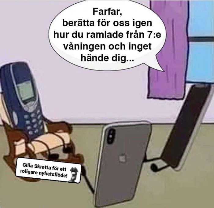 Animerade telefoner som personifieras som generationer, med pratbubbla och reaktionsknappsymbol.