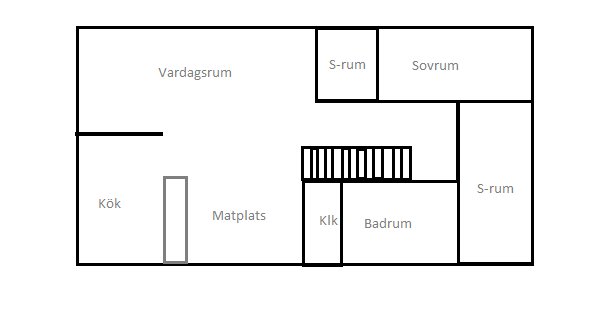 Ritning av husplan med vardagsrum, kök, matplats och tre sovrum arrangerade runt centrala badrum och klädkammare.