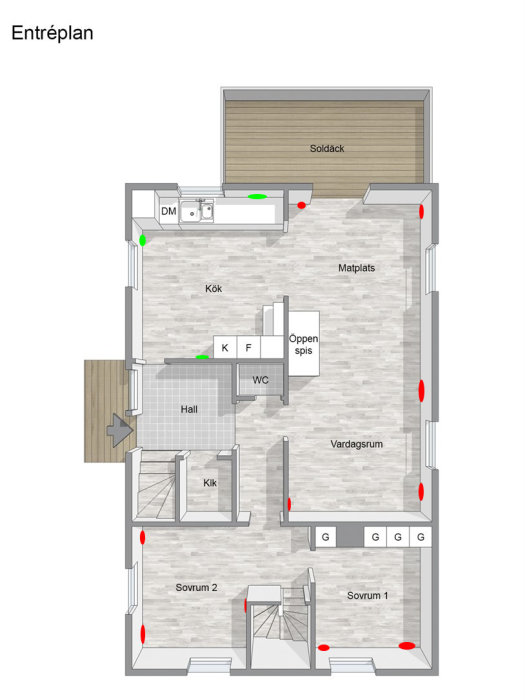 Skiss av husets entréplan med markerade jordade (gröna) och ojordade (röda) eluttag.