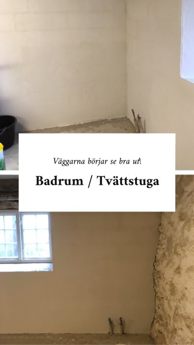 Källare under renovering med nyligen putsade väggar, rör står redo för badrum.