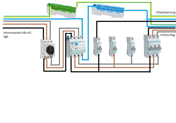 Elektriskt kopplingsschema som visar anslutning från huvudcentralen till 3-fasuttag och ytterbelysning.