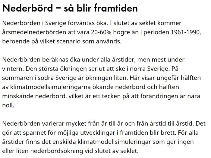 Textdokument om framtida nederbörd i Sverige med prognoser och modellsimuleringar.