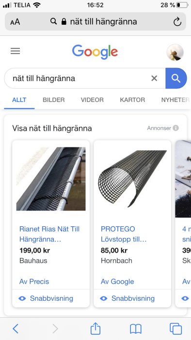 Skärmdump av Google-sökresultat för nät till hängrännor med två produktbilder och priser.