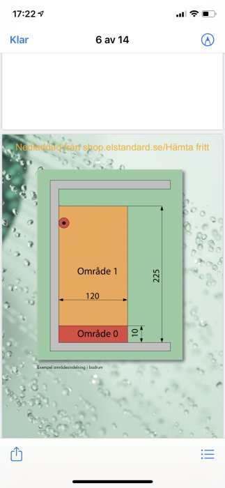 Diagram som visar områdesindelning i badrum med område 1 och 0 markerade intill måttangivelser.