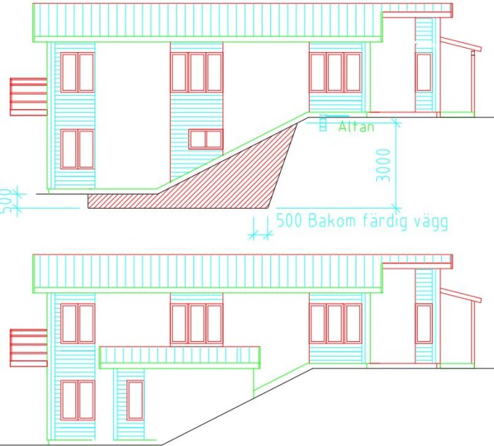 Ritning som visar planerad utbyggnad av hus i sutterängplan med märkta dimensioner och närliggande altan.