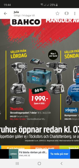 Reklambild som visar ett Makita skruvdragarpaket och en Scheppach kompressor med priser och rabatter från Jula.